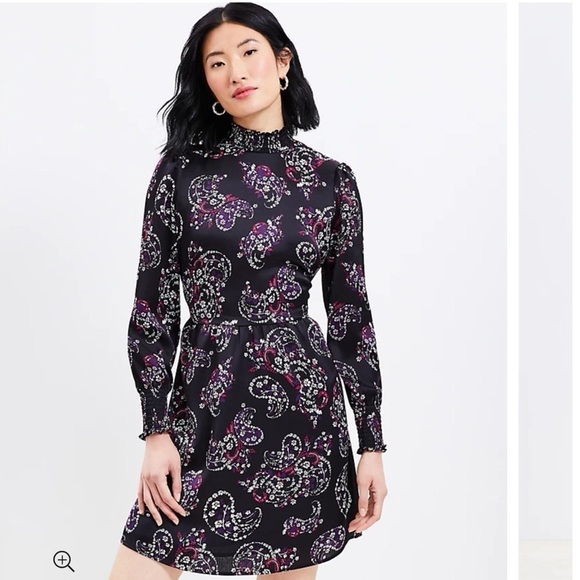 LOFT Paisley Smocked Flared Long Sleeve Floral Dress Black Purple White 8 - Picture 1 of 13